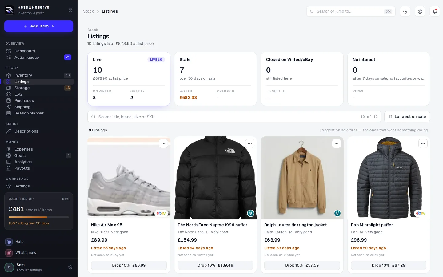 The Listings screen: live, stale, closed and no-interest cards above listing cards with photos, days on sale and a suggested price drop.