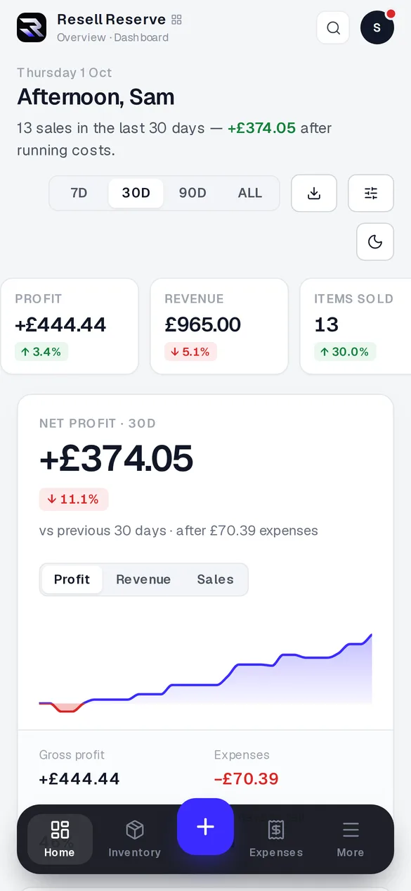 The app's dashboard on a phone, with the floating tab bar and the add button in thumb reach.