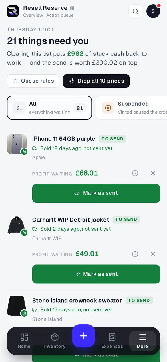 The Action queue on a phone: items to send with a full-width Mark as sent button.